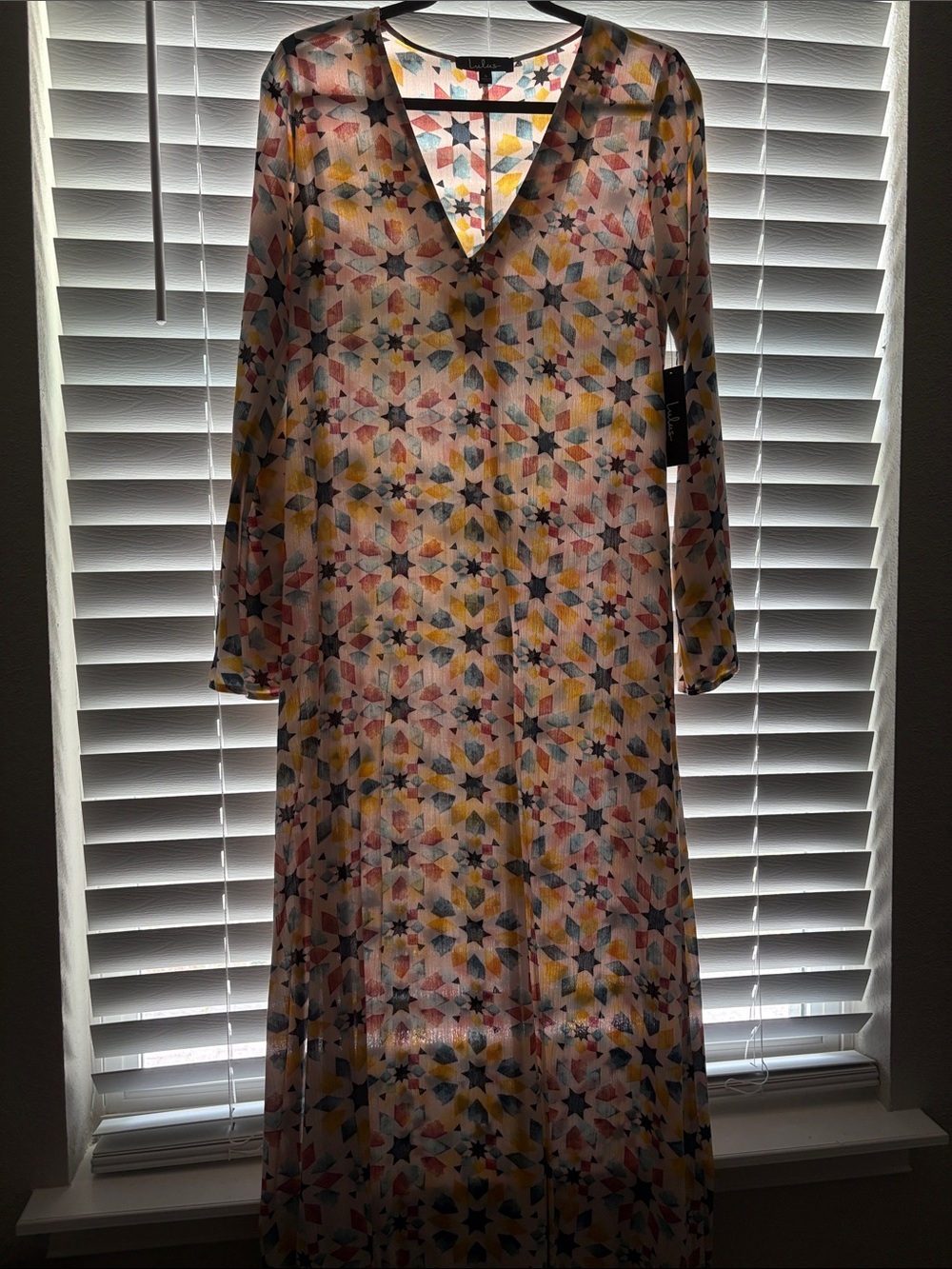 Lulu's Sheer Geometric V-Neck Maxi Dress in Yellow, Pink, Navy